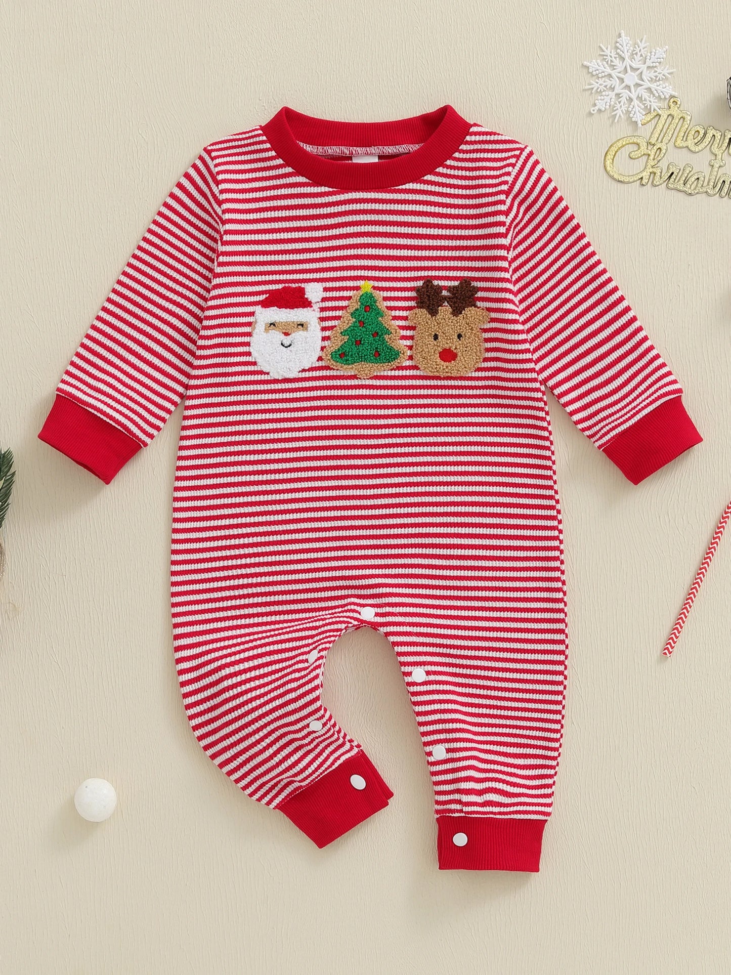 Infant Unisex Winter Romper Snowflake Embroidery Round Neck Long Sleeve Cozy Striped  for Holiday Season