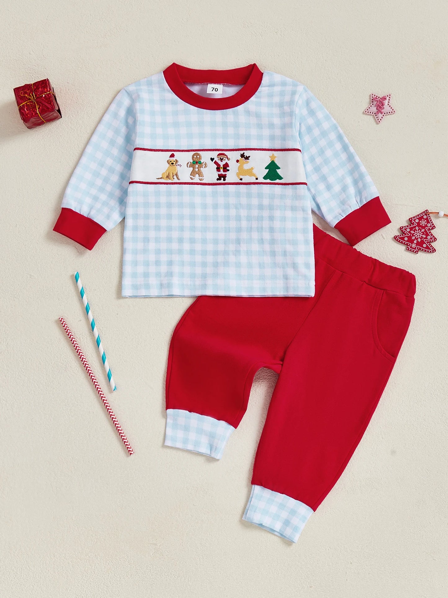 Kids 2-Piece Christmas Pajama Set with Long Sleeve Embroidered Top and Pants for Boys Sleepwear Outfit