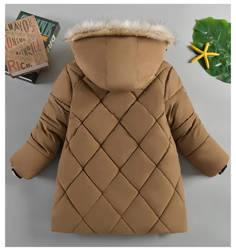 New Winter Boys Jacket Long Style Letter Print Thick Warm Hooded Coat Fur Collar Down Cotton Outerwear For 4-10 Years Kids