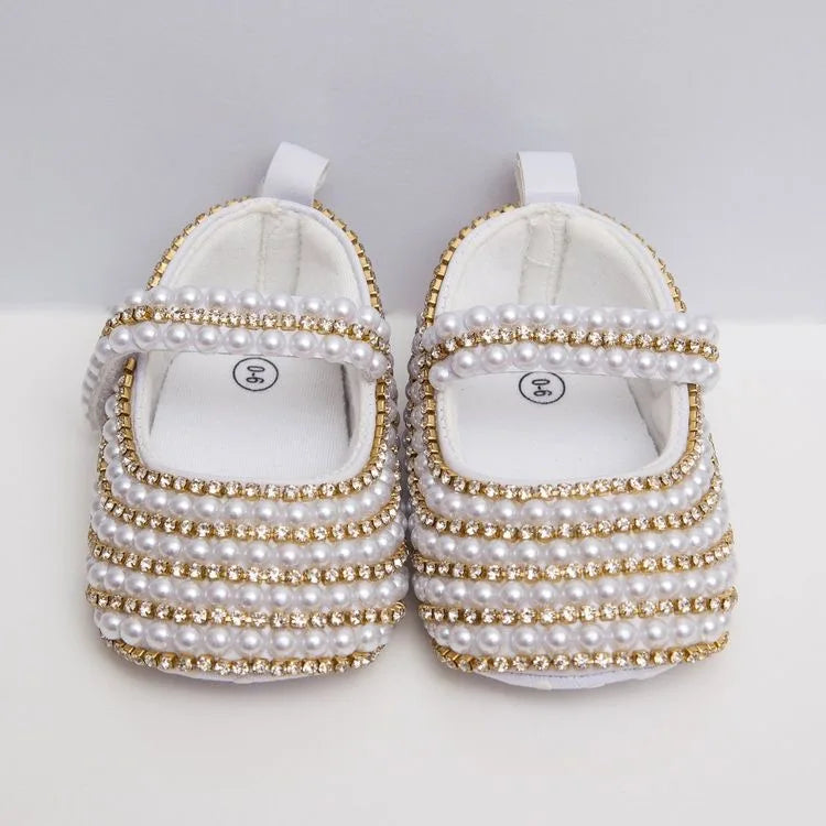 Dollbling Handmade White Pearls Bling Rhinestone Baby Crib Shoes Christening Outfit Wedding Sparkle Organza Baptism 0-3m Shoes