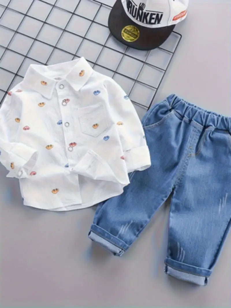 Boys' Spring and Autumn New Fashionable Casual Car Shirt, Boys' Baby Jeans Two Piece Set