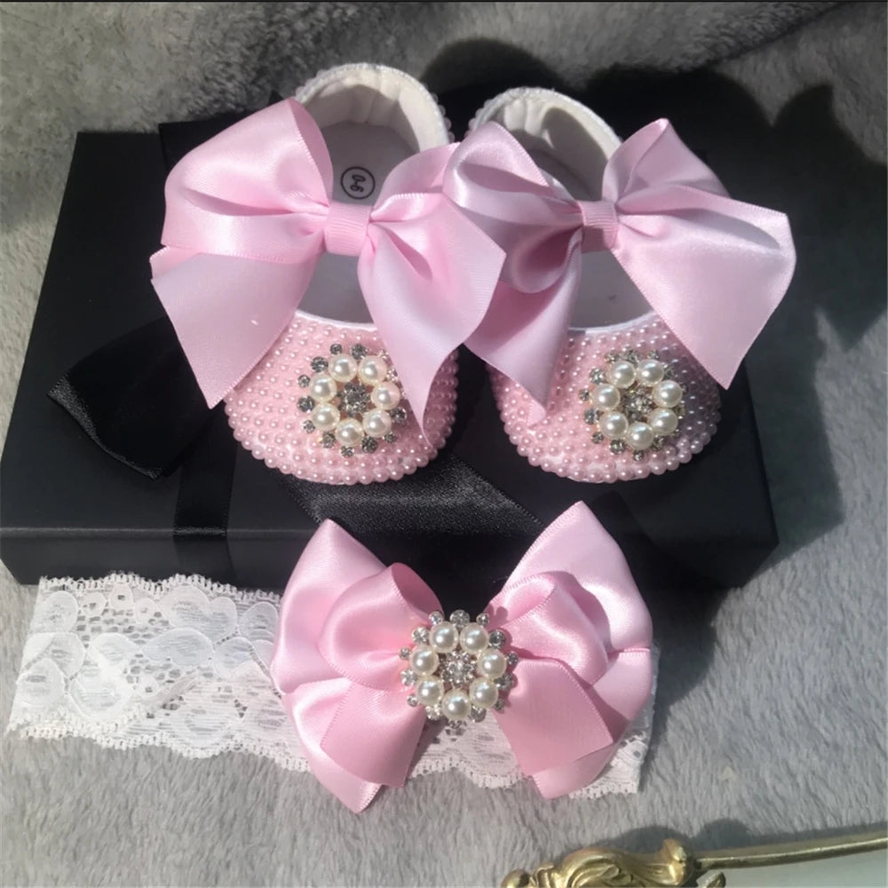 Dollbling Handmade White Pearls Bling Rhinestone Baby Crib Shoes Christening Outfit Wedding Sparkle Organza Baptism 0-3m Shoes