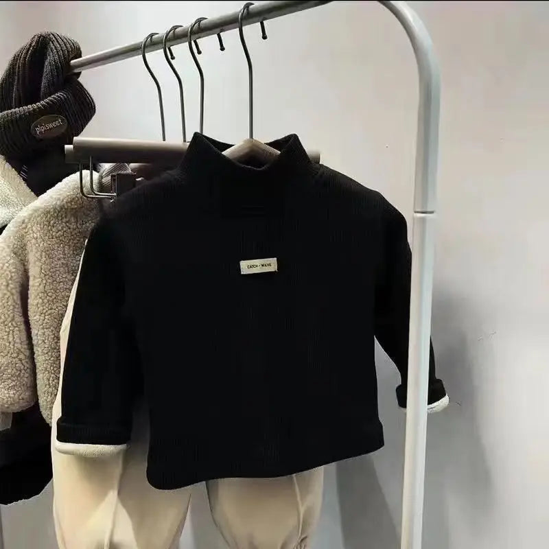 Autumn Winter Unisex Children Velvet T-Shirt Solid Warm Half High Collar Long Sleeve Base Shirt