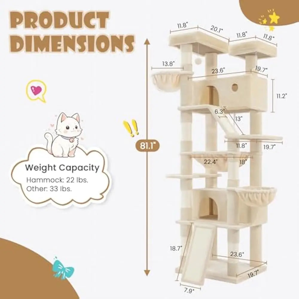 81in Multi-Level Tall Cat Tree Tower Larger Cat Condo Furniture with Hammock, Cozy Pussycat Perches, Sisal Scratching Posts