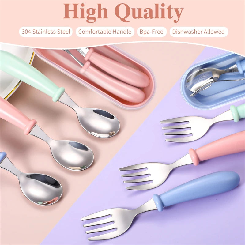 Baby Gadgets Tableware Set Children Utensil Stainless Steel Toddler Dinnerware Cutlery Cartoon Infant Food Feeding Spoon Fork