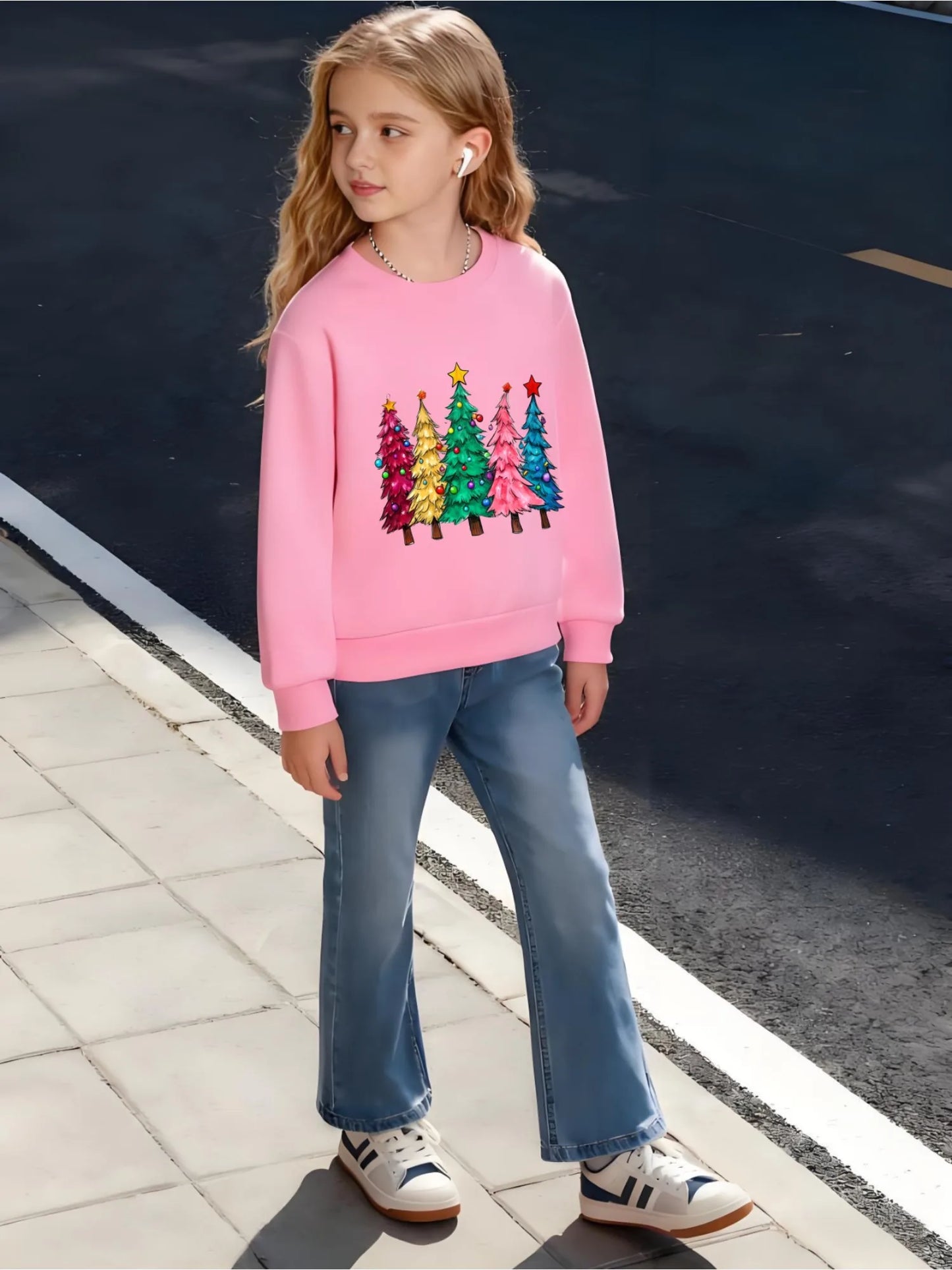 Kids Children's Cotton Sweatshirt Colorful Christmas Trees with Star Toppers for Boys Girls Winter Seasonal Theme Outfit
