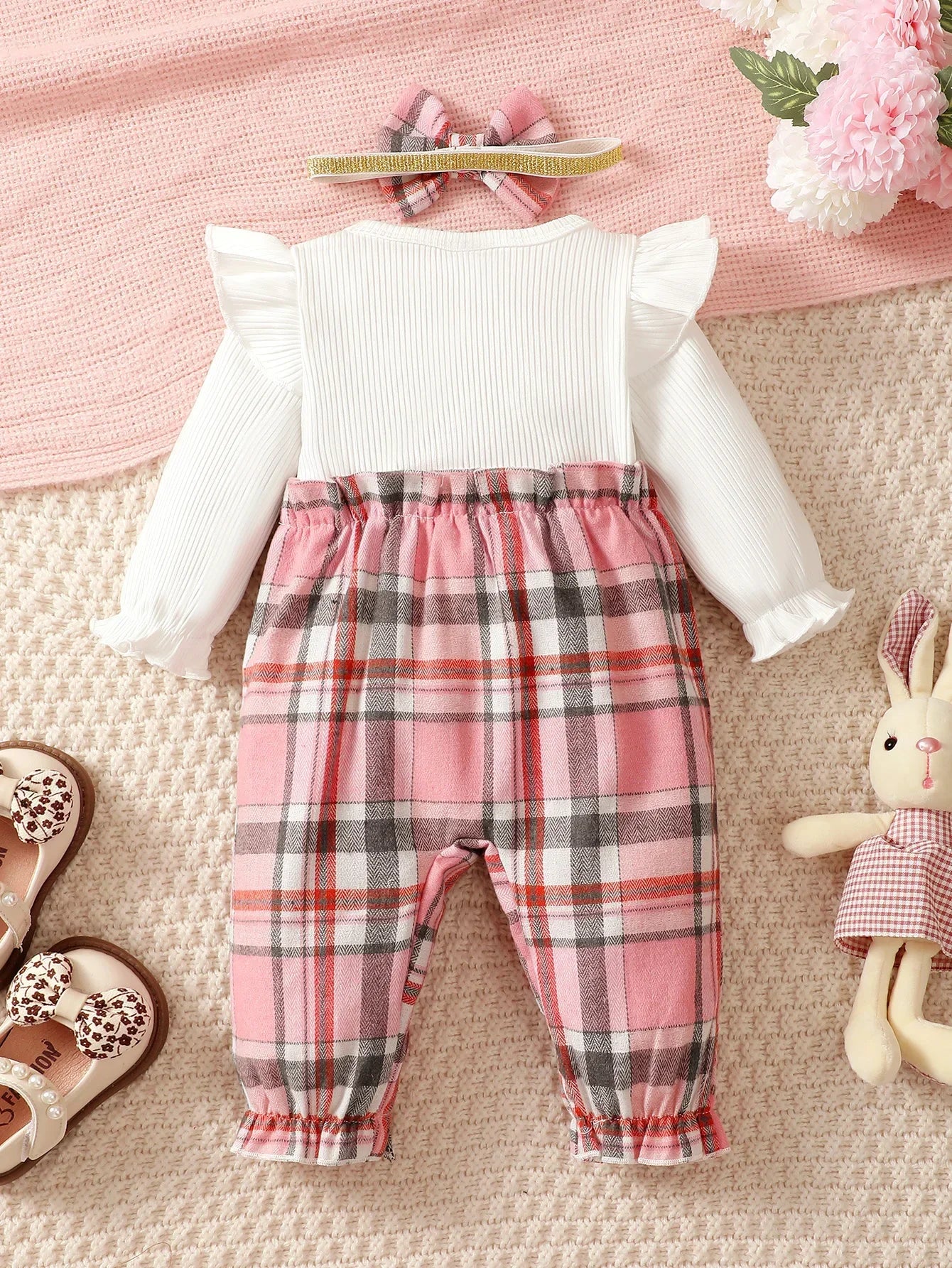 0-18 Months Baby Girl Spring Autumn Outfit Pink Checkered Flying Sleeve Long Sleeve Jumpsuit + Headband