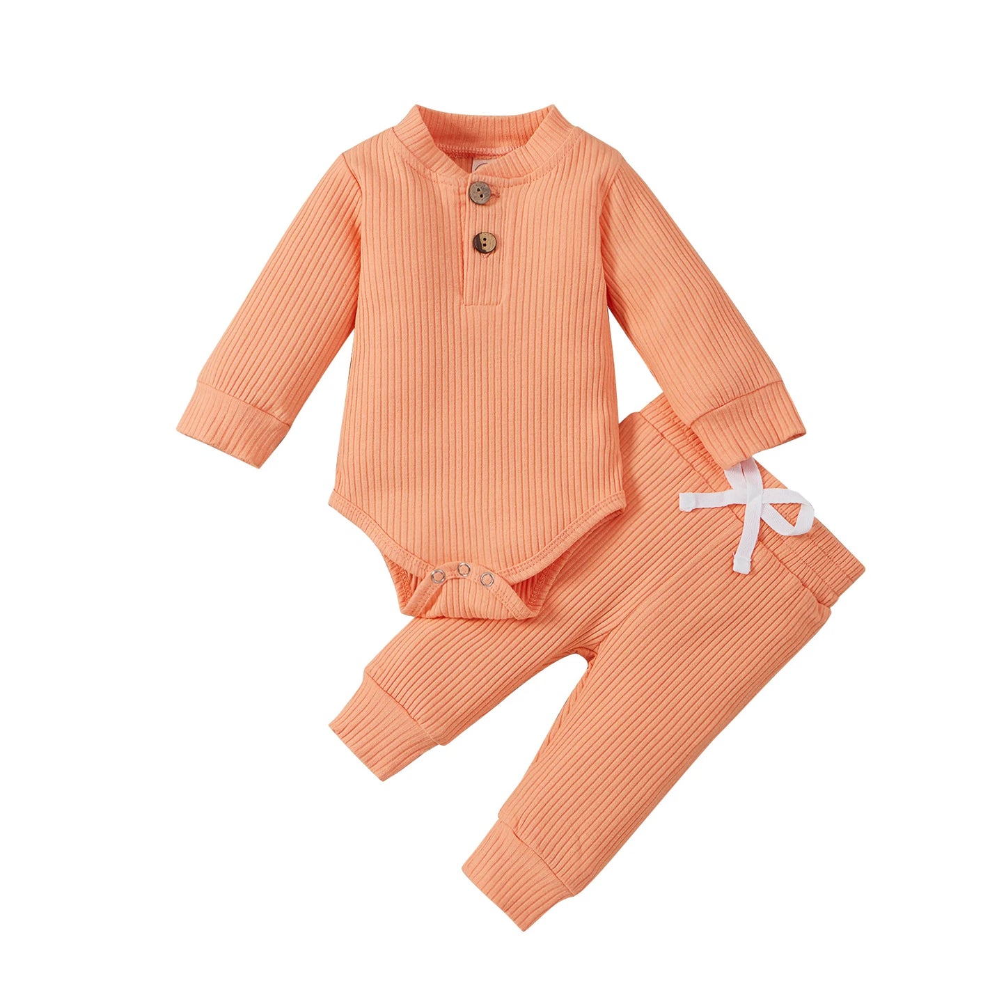 Spring Autumn Newborn Infant 2PCs Clothes Set for Boys & Girls Ribbed/Plaid/Solid Long Sleeve Bodysuit + Elastic Pants