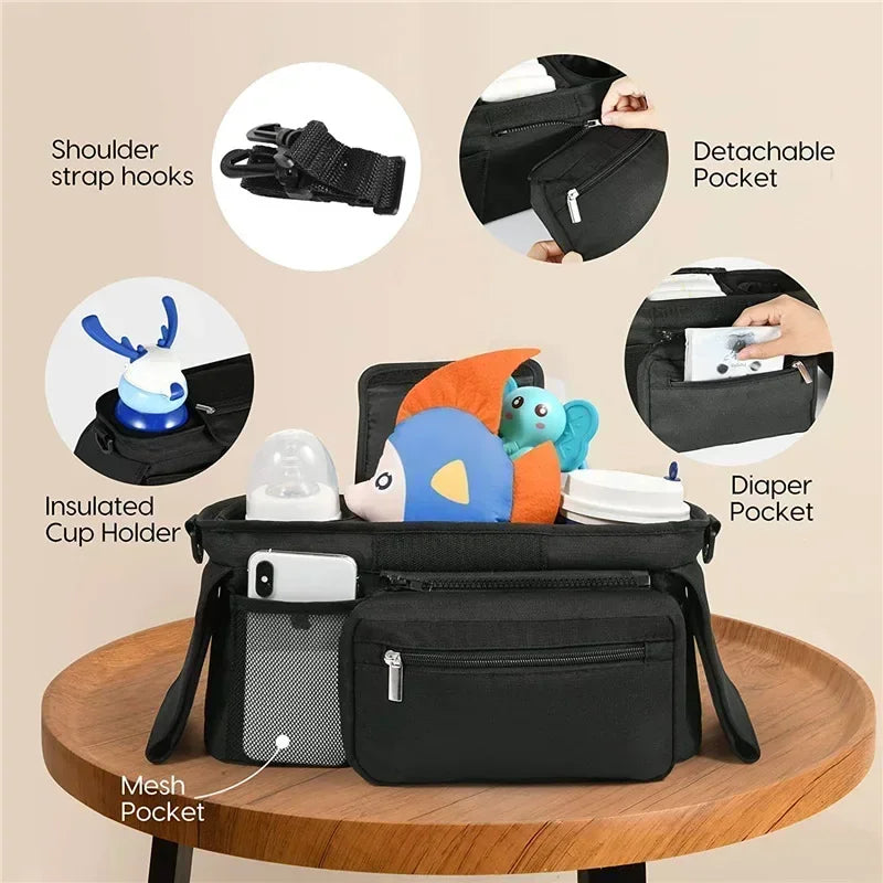 Universal Baby Stroller Organizer, with Insulated Cup Holder Detachable Phone Bag & Shoulder Strap, Fits Pet and Baby Stroller