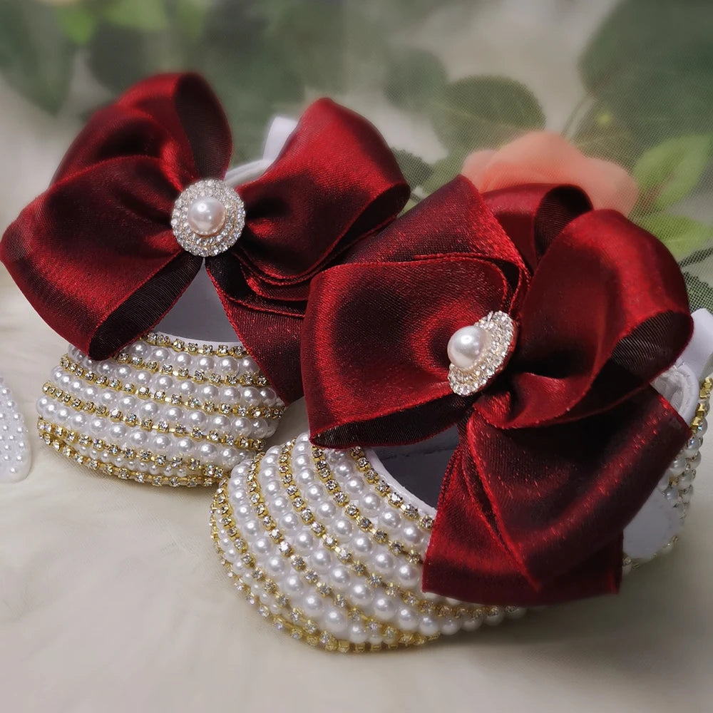 Dollbling Handmade White Pearls Bling Rhinestone Baby Crib Shoes Christening Outfit Wedding Sparkle Organza Baptism 0-3m Shoes