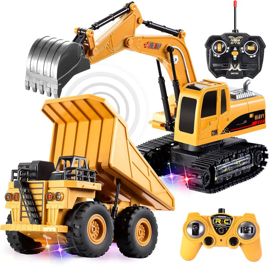 JOYFY 2 PCS Remote Control Construction Vehicle Toy Set Friction-Powered RC Excavator & RC Truck for Kid Christmas Birthday Gift