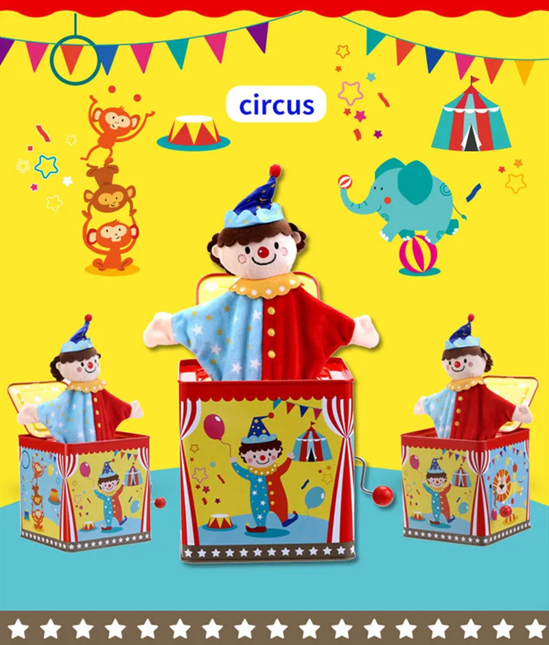 Jack in the Box Classic Children's Musical Toy Colorful Embossed Tin Box and Friendly Plush Age 18 months and Up