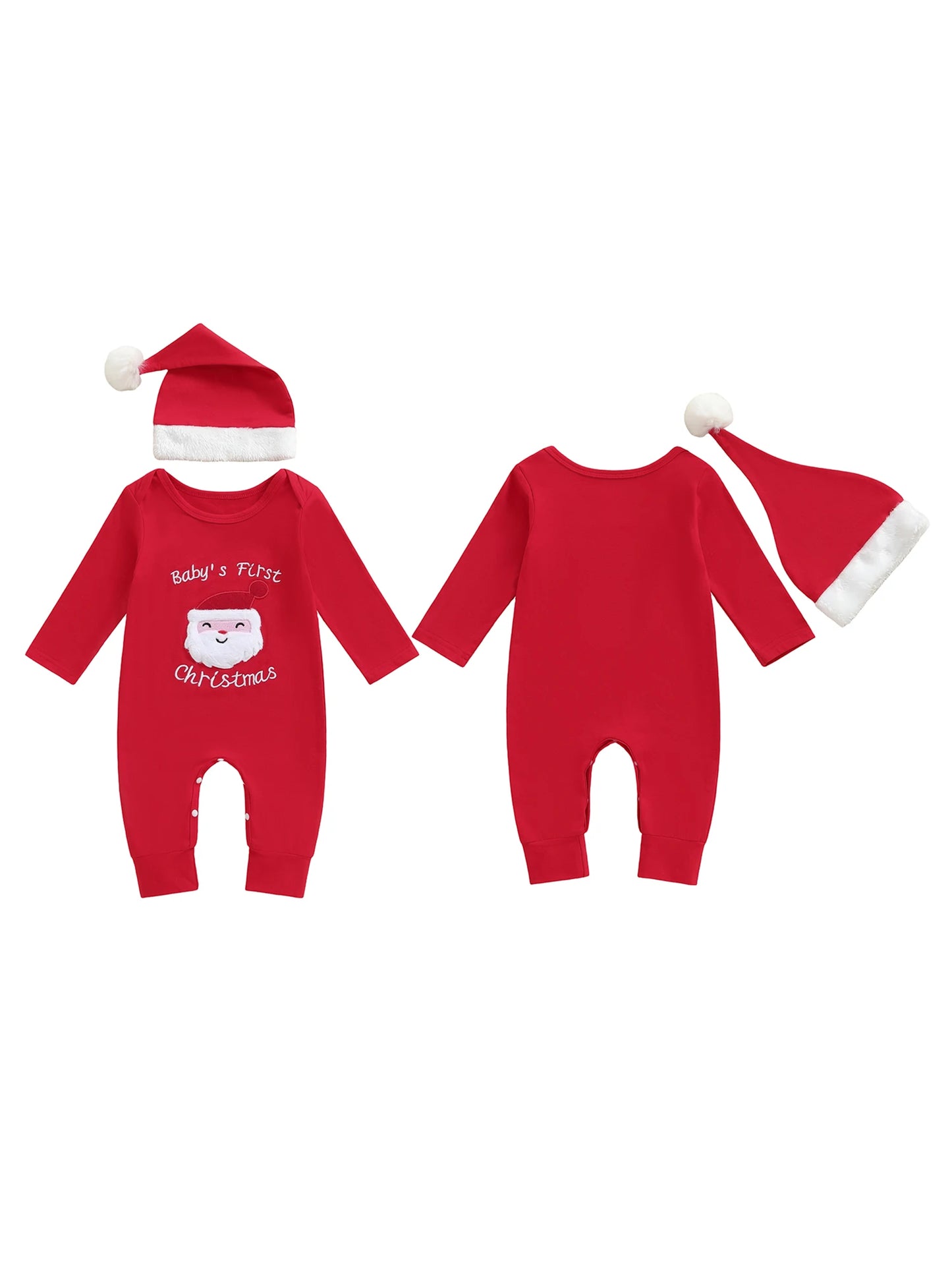 Infant Holiday Romper with Festive Santa Claus Embroidery Long Sleeves Round Neck and Matching Hat for Christmas Fun