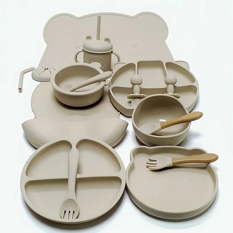 16pcs Dinner Plate Set Silicone Children's Tableware Set Baby Complementary Suction Cup Bowl Spoon Mother and Baby