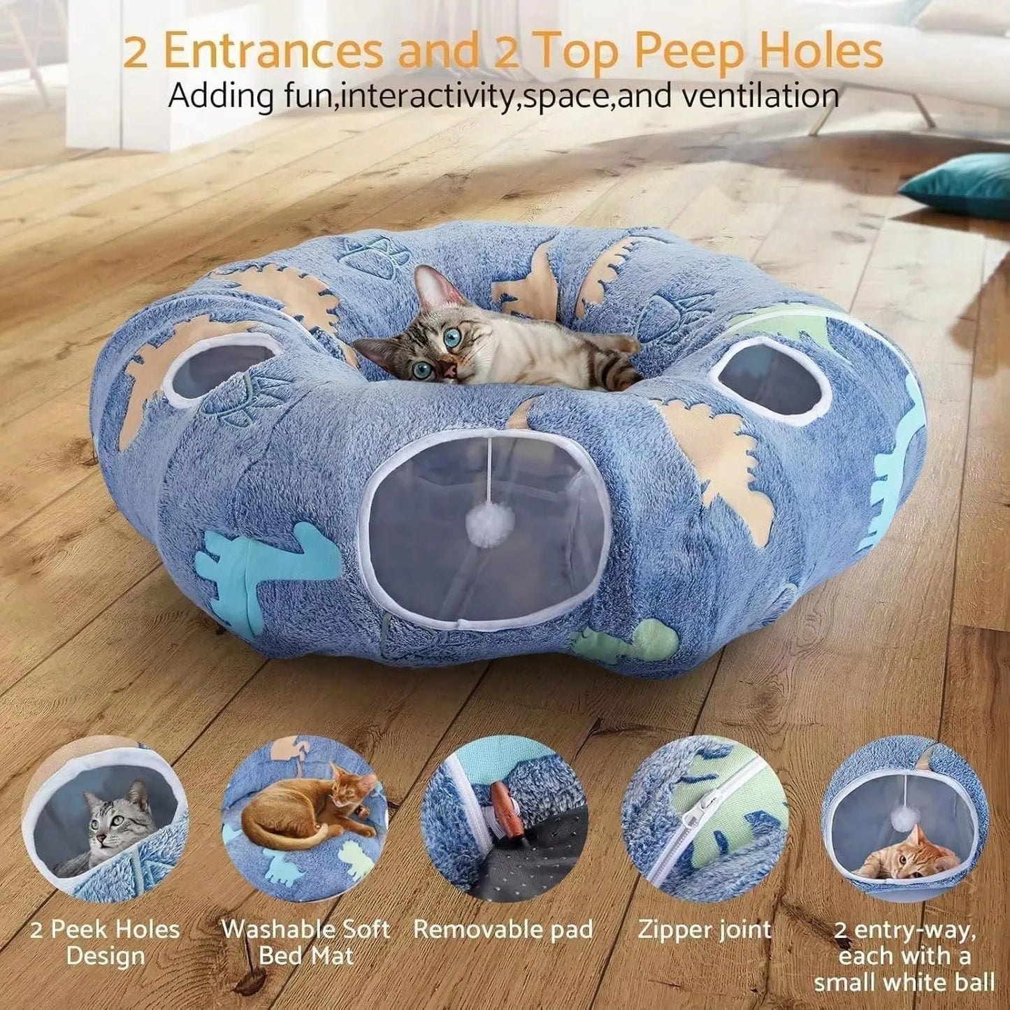 3 in 1 Cat Tunnel Foldable Storage Glows at Night with Washable Round Mat 4 Openings Design for up to 10kg Cats Rabbits Puppies