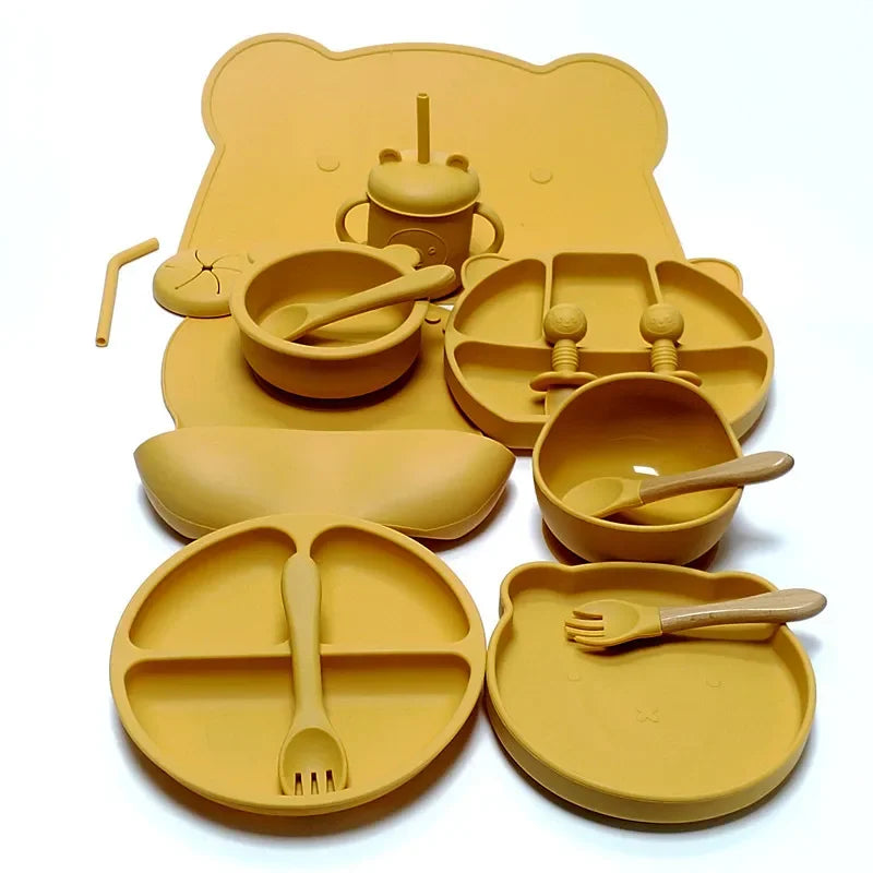 16pcs Dinner Plate Set Silicone Children's Tableware Set Baby Complementary Suction Cup Bowl Spoon Mother and Baby