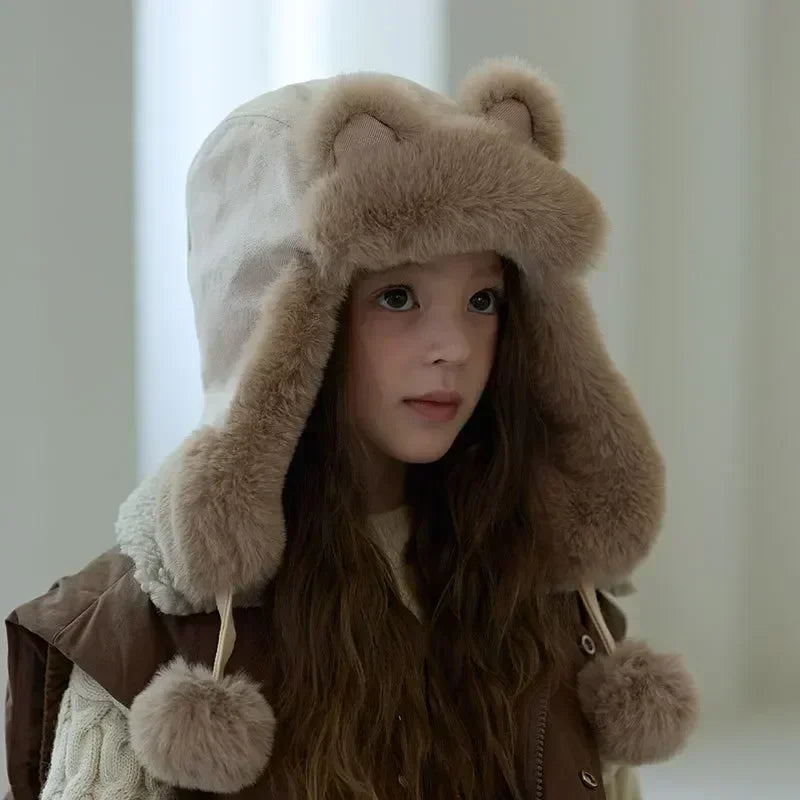 4-8Y New Winter Windproof Integrated Cap Scarf Soft Plush Warm Ear Protection Neck Cute Kids Beanie