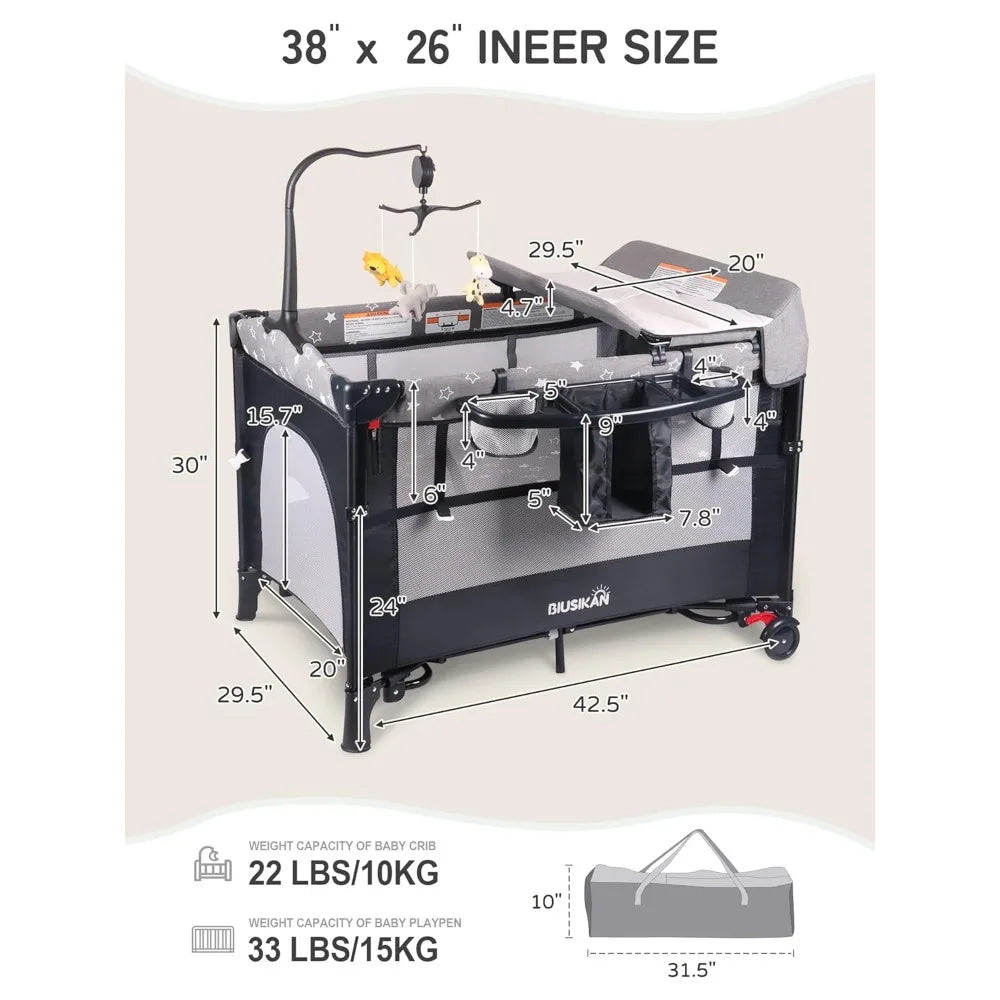 Bedside Bassinet for Baby, Portable Baby Crib with Mosquito Net, Mattress, Diaper Changer, Playpen for Newborn to Toddles, Pack