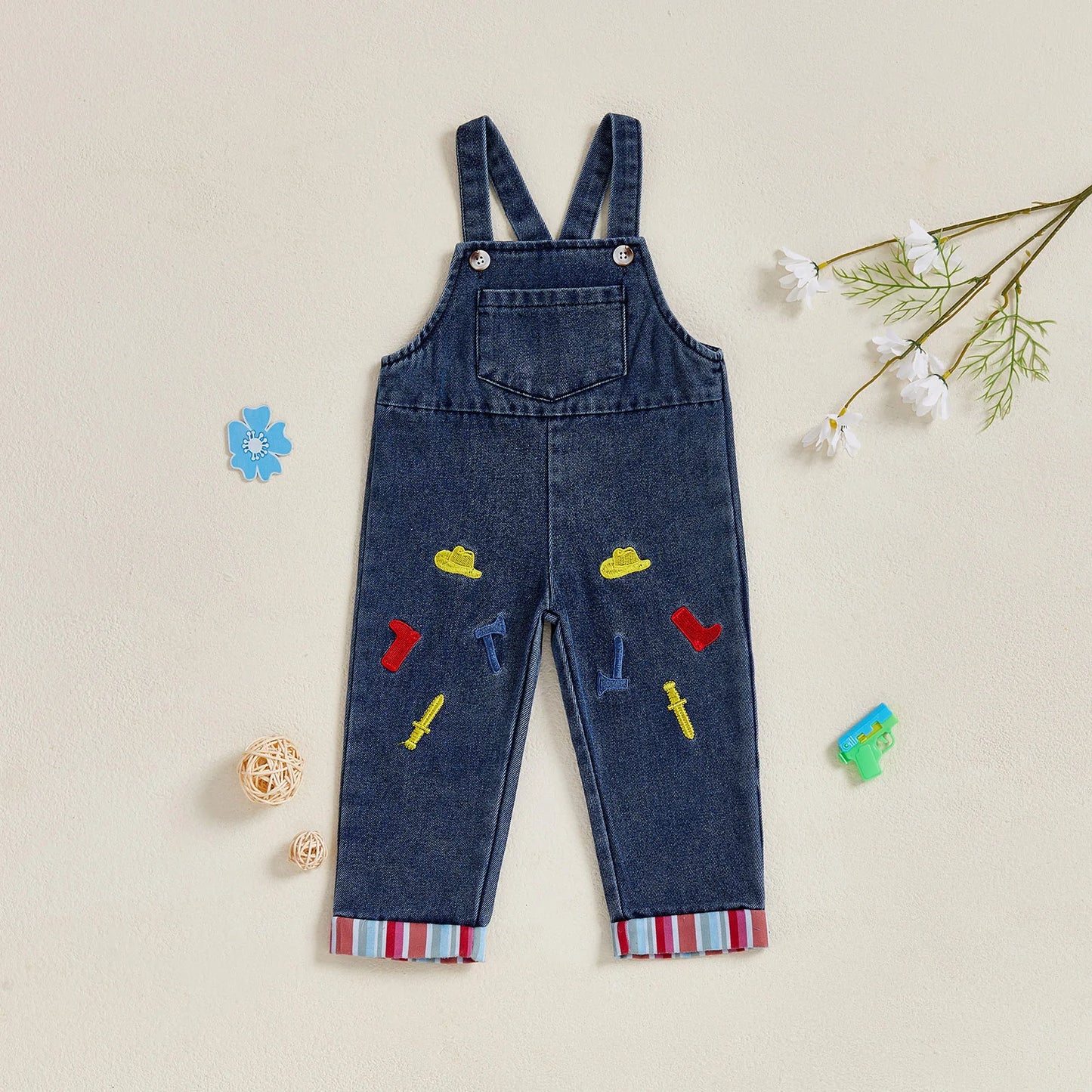 Stylish Toddler Denim Overalls with Embroidered Cowboy Hat and Boots Striped Legs Jumpsuit for a Western Vibe