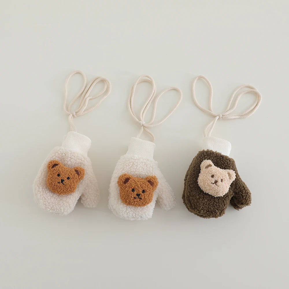 2-5Y Kids Cute Bear Full Finger Gloves - Winter Lamb Wool Warm Windproof Cold-Proof Outdoor Mittens for Boys & Girls