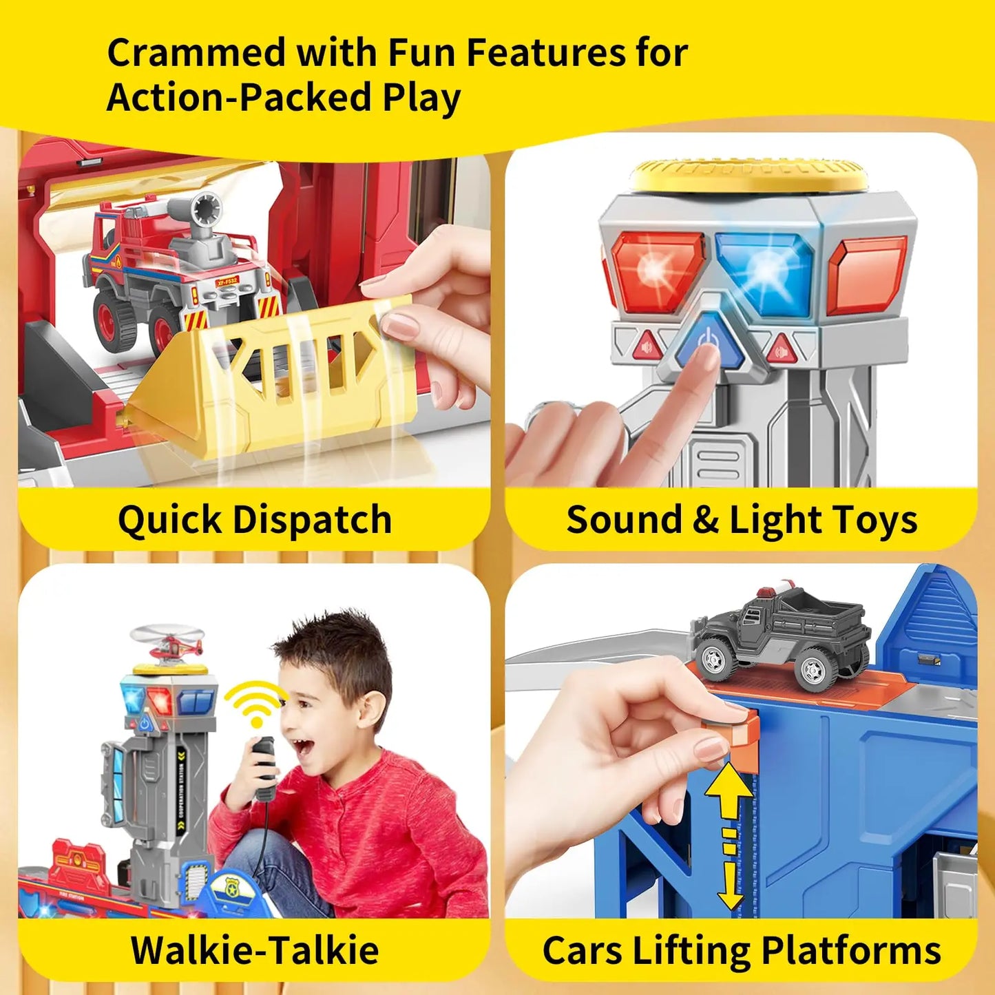 Kids Toys 29.5'' Large City Action Rescue Vehicle Toddler Police Fire Station Transform Track with 4 Cars Helicopter Gifts for3+