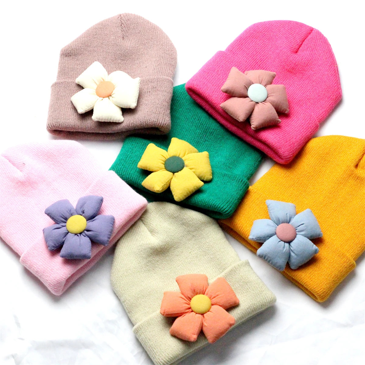Flower Winter Knitted Hat for Baby Girl Hair Accessories Newborn Cute Winter Crochet Beanie with Fabric Sun Flower Infant Bonnet