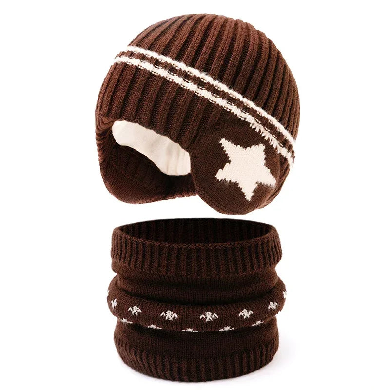 2pcs 3-12Y Kids Autumn Winter Set Warm Thick Windproof Ear Protection Hat Scarf for Boys Girls