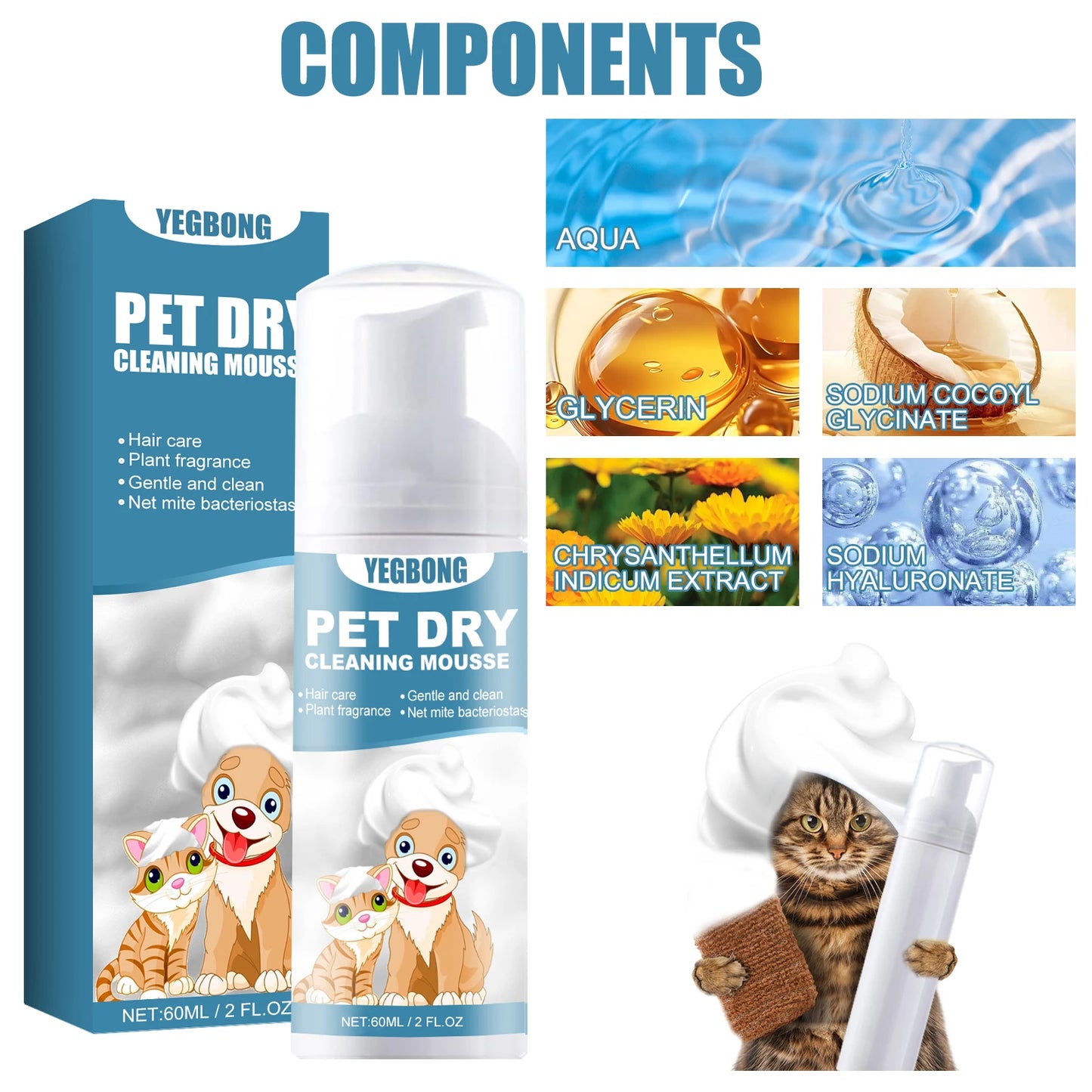 60ml Pet Dry Cleaning Shampoo Mousse Waterless Gentle Safe No Rinse Fresh Scent Deodorant Dogs Cats Outdoor Travel Bath Supplies