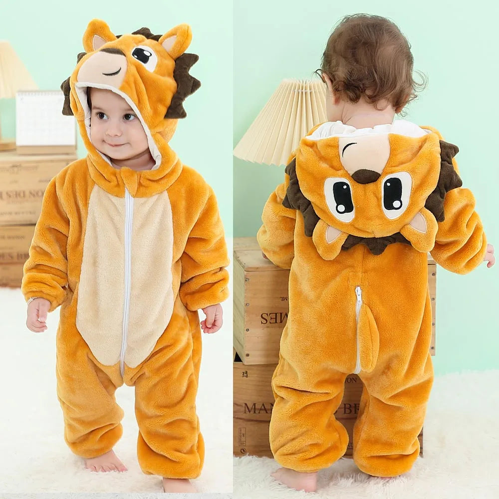 Baby Kigurumis Pajama Toddler Winter Cartoon Jumpsuit Boys Girls Plush Flannel Overalls Kids Bear Lion Penguin Dino Costumes