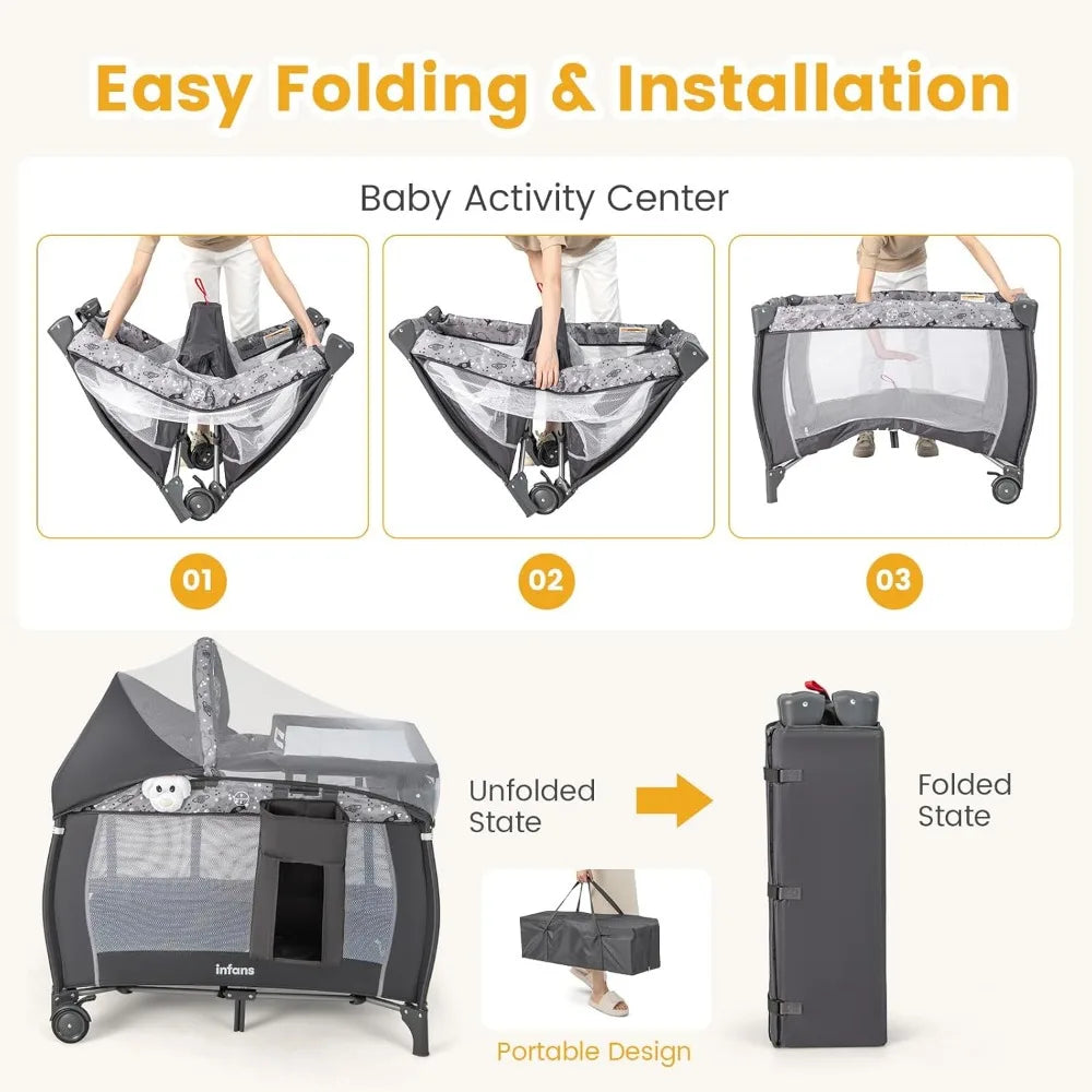 4 in 1 Pack and Play, Portable Travel Baby Playard with Bassinet, Changing Table, Canopy, Mosquito Net, Hanging Toys,