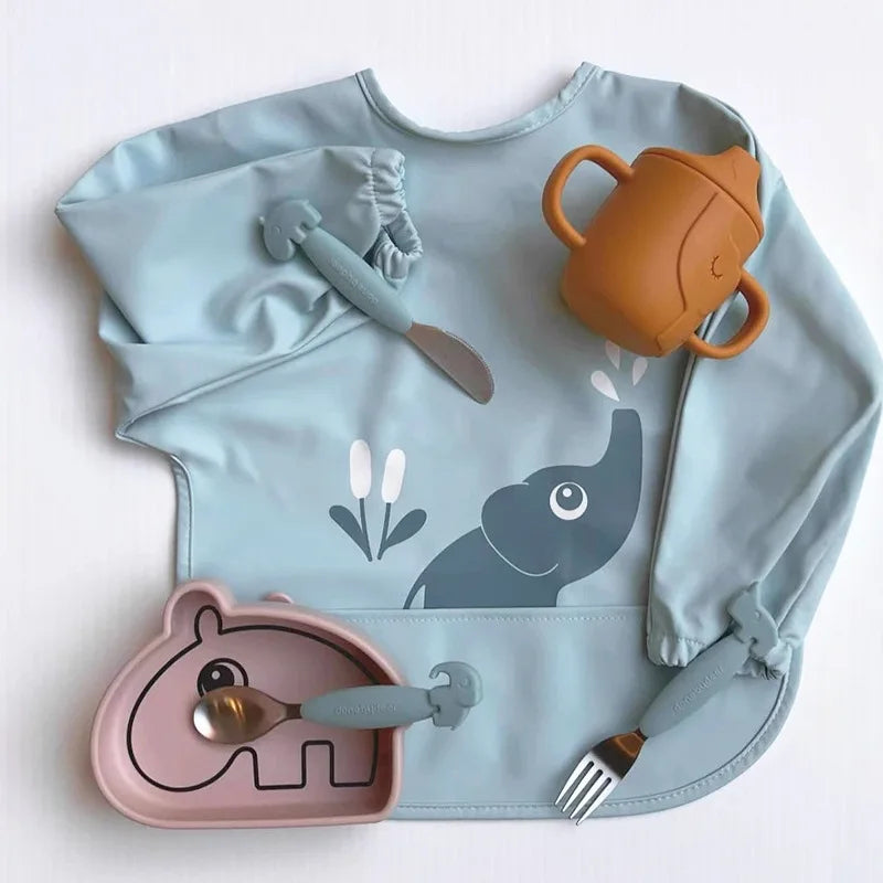 2025 New Baby Infant Eating Clothes PU Kids Smock Bib Long Sleeve Waterproof Oil-proof Food Pocket Easy To Clean