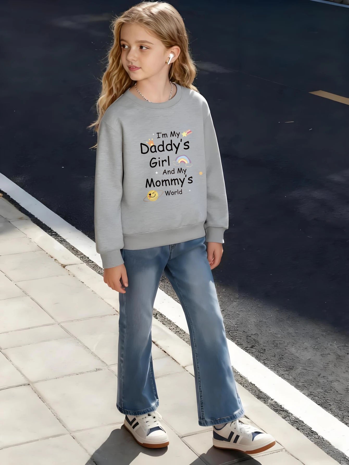 Kids Crew Neck Sweatshirt I'm My Daddy's Girl Mommy's World Rainbow Boys Girls Graphic White Pullover For Family