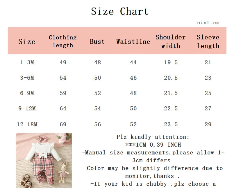 0-18 Months Baby Girl Spring Autumn Outfit Pink Checkered Flying Sleeve Long Sleeve Jumpsuit + Headband