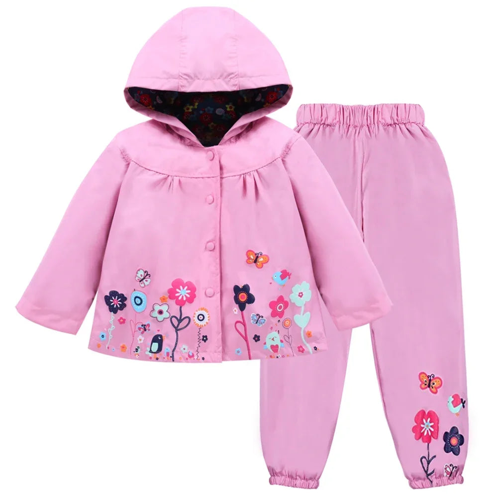 2PCS Unisex Toddler Waterproof Outfit - Spring Autumn Long-Sleeve Flower Print Coat & Pants