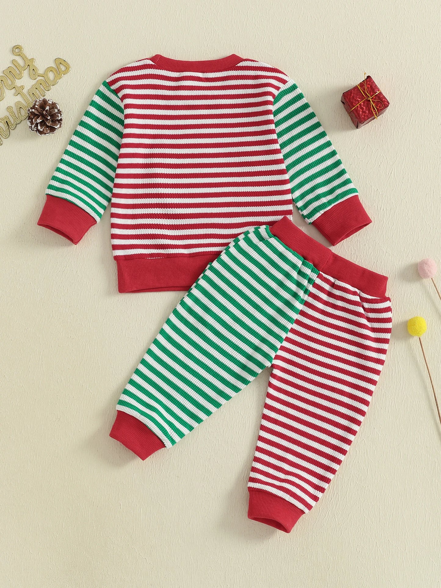 Infant Christmas Winter Outfit Reindeer Print Sweater Long Sleeve Round Neck Pullover Elastic Waist Pants 2 Pcs Set with Pocket