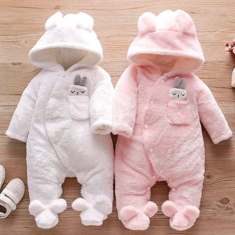 New Autumn Winter Baby Plush Climbing Clothes - Warm Thick Cartoon Dog/Rabbit Cotton Outfit for 0-2 Years Old | Cute Baby Romper