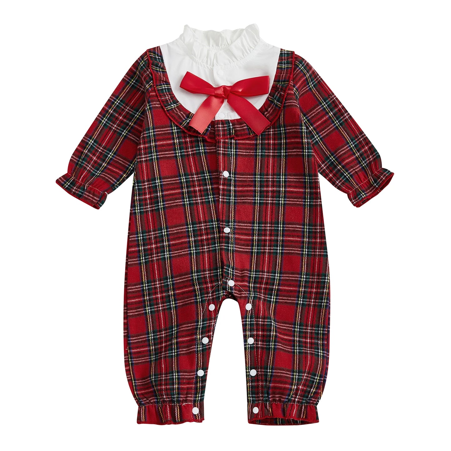 Toddler Christmas Plaid Overall Ruffle Collar Long Sleeve Button Front  Jumpsuit with Full Length Legs