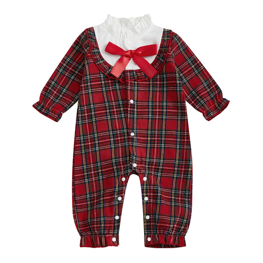 Toddler Christmas Plaid Overall Ruffle Collar Long Sleeve Button Front  Jumpsuit with Full Length Legs
