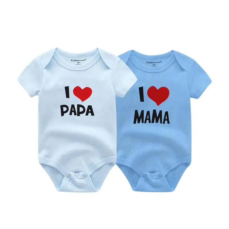 Newborn Twin 2 Pcs Baby Bodysuits - Four Seasons 100% Soft Cotton "I love Papa Mama" Onesies for Boys Girls