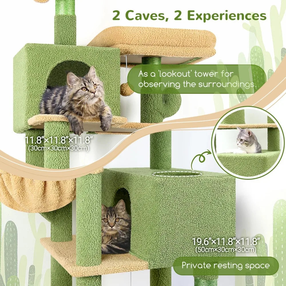 Cactus Cat Tree Tower 76-Inch Extra Tall Multi-Level Cat Furniture with Cozy Condos, Interactive Toys and Perches for Large Cats