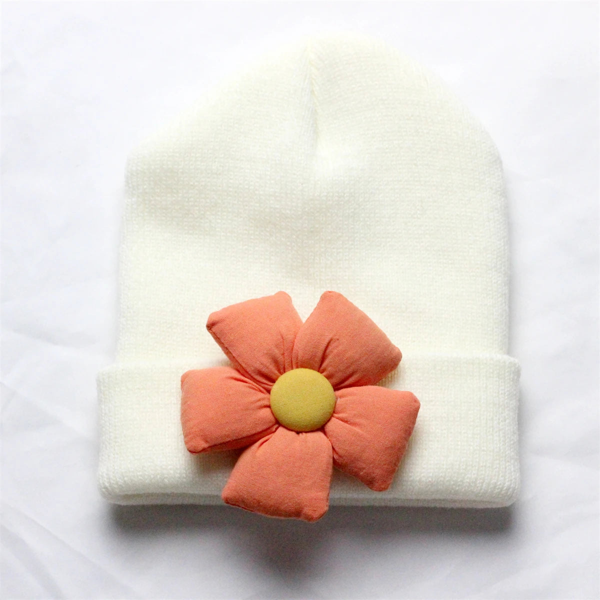 Flower Winter Knitted Hat for Baby Girl Hair Accessories Newborn Cute Winter Crochet Beanie with Fabric Sun Flower Infant Bonnet