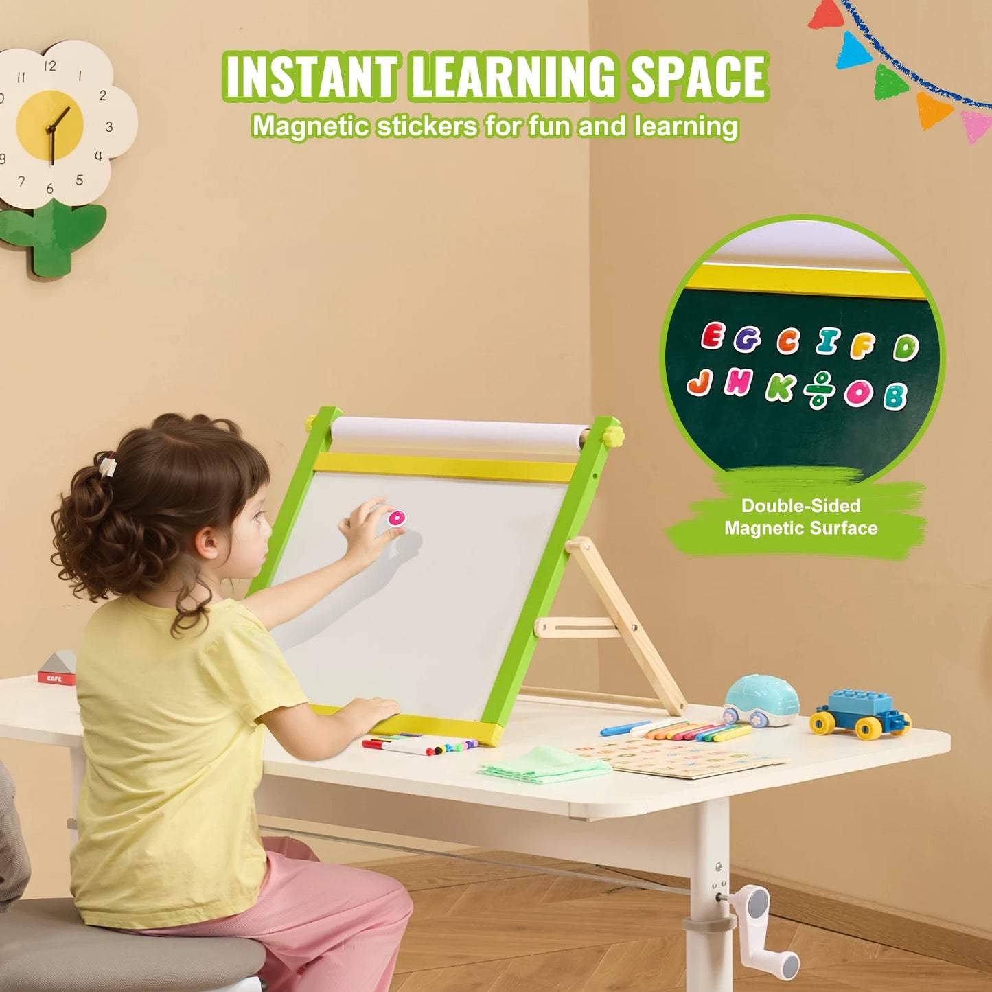 SucceBuy Tabletop Children Magnetic Drawing Board 3-in-1 Double-Sided Wooden Kids Art Easel with Painting Accessories for Girls