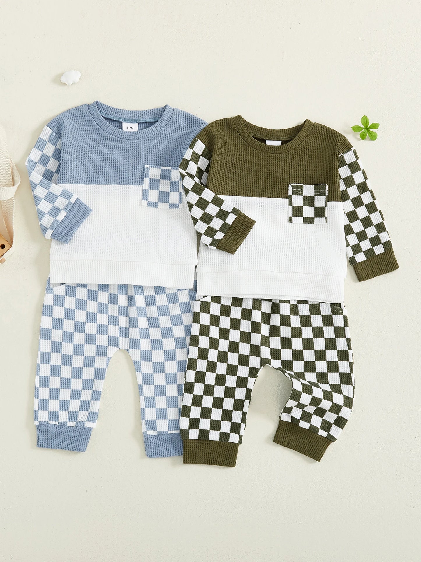 Toddler Boy Fall Waffled Outfits Checkerboard Long Sleeve Pocket Pullover Elastic Waist Long Pants 2 Pcs Set