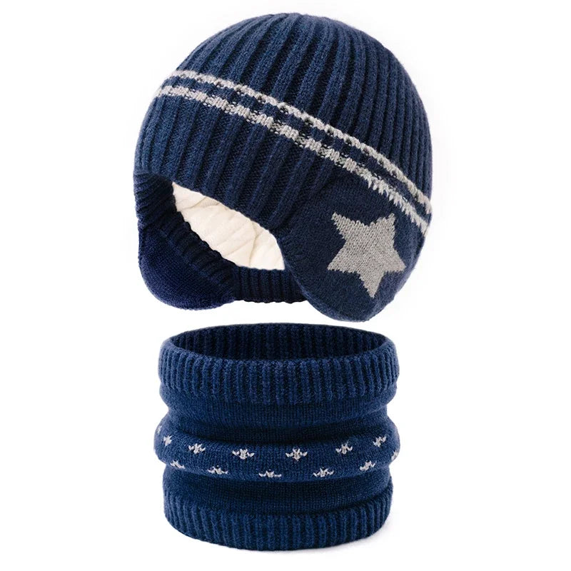 2pcs 3-12Y Kids Autumn Winter Set Warm Thick Windproof Ear Protection Hat Scarf for Boys Girls