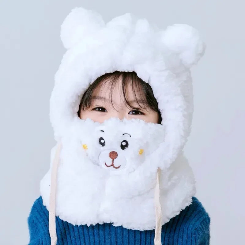 Children's Winter Hat Neck One - Piece Plush Cap with Cute Bear Design, Ear - Protection & Face Cover, for Boys & Girls