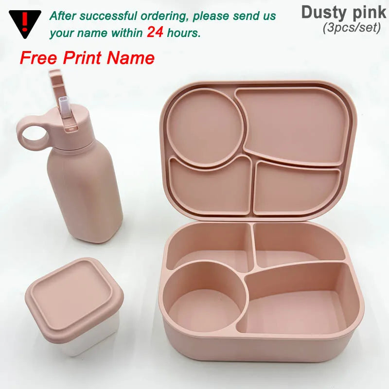 Personalized Name Silicone Lunch Bento Box Straw Water Bottle Sets Camping Picnic Food Drinkware Container Sippy Bottle For Kids