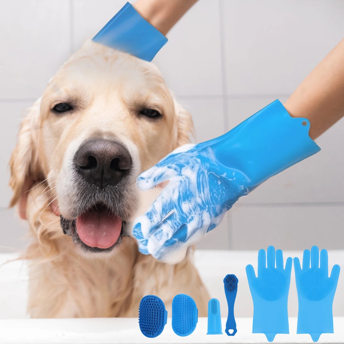 6PCS Pet Grooming Kit Silicone Dog Bath Brush Dog Toothbrush Finger Dog Shampoo Brush for Dog Cat Bathing Massaging & Grooming