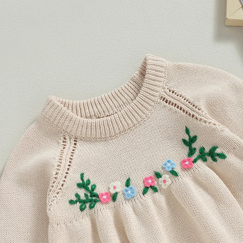 Infant Girls Floral Embroidered Knit Rompers with Long Sleeves and Crew Neckline - Cozy Toddler Jumpsuits for Autumn