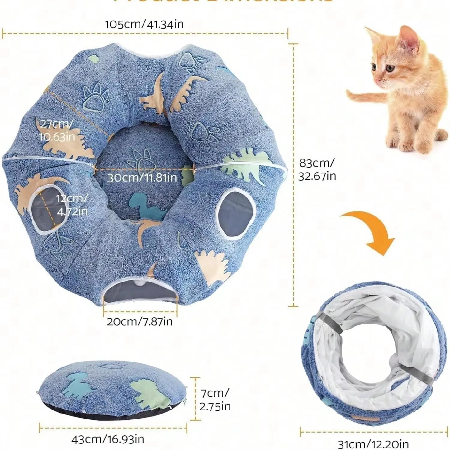 3 in 1 Cat Tunnel Foldable Storage Glows at Night with Washable Round Mat 4 Openings Design for up to 10kg Cats Rabbits Puppies