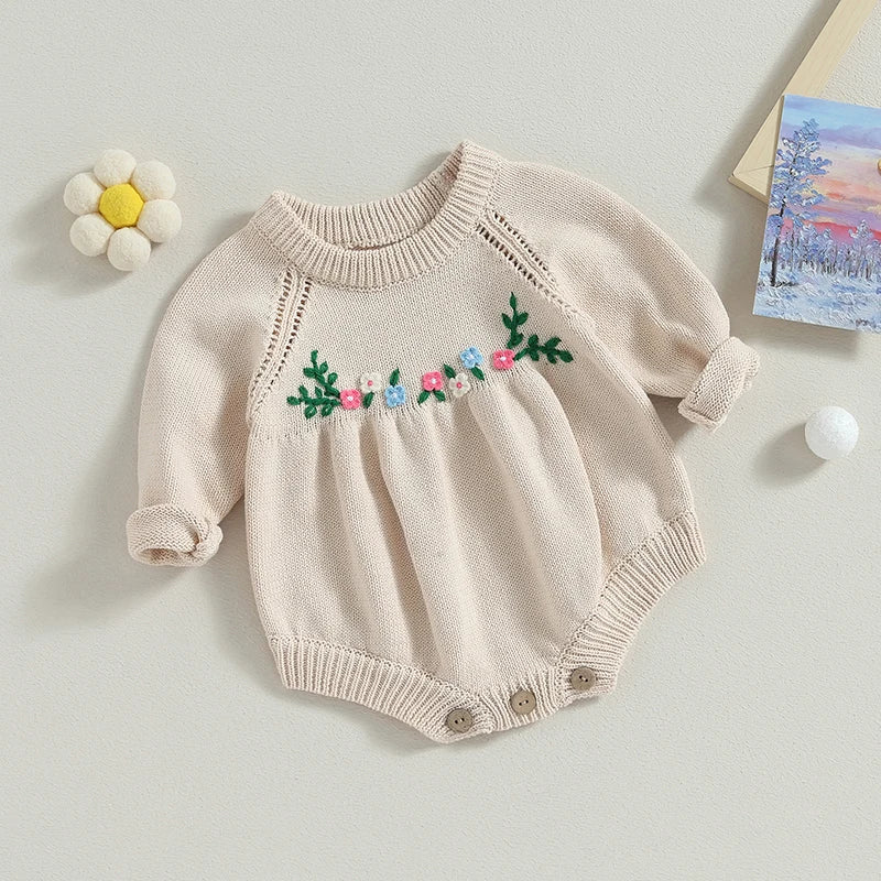Infant Girls Floral Embroidered Knit Rompers with Long Sleeves and Crew Neckline - Cozy Toddler Jumpsuits for Autumn